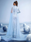 Crystal Embroidered Mermaid Gown with Sheer Cape