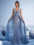 Deep V-Neck Beaded A-Line Gown with Tulle Overlay