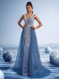 Deep V-Neck Beaded A-Line Gown with Tulle Overlay