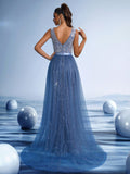 Deep V-Neck Beaded A-Line Gown with Tulle Overlay