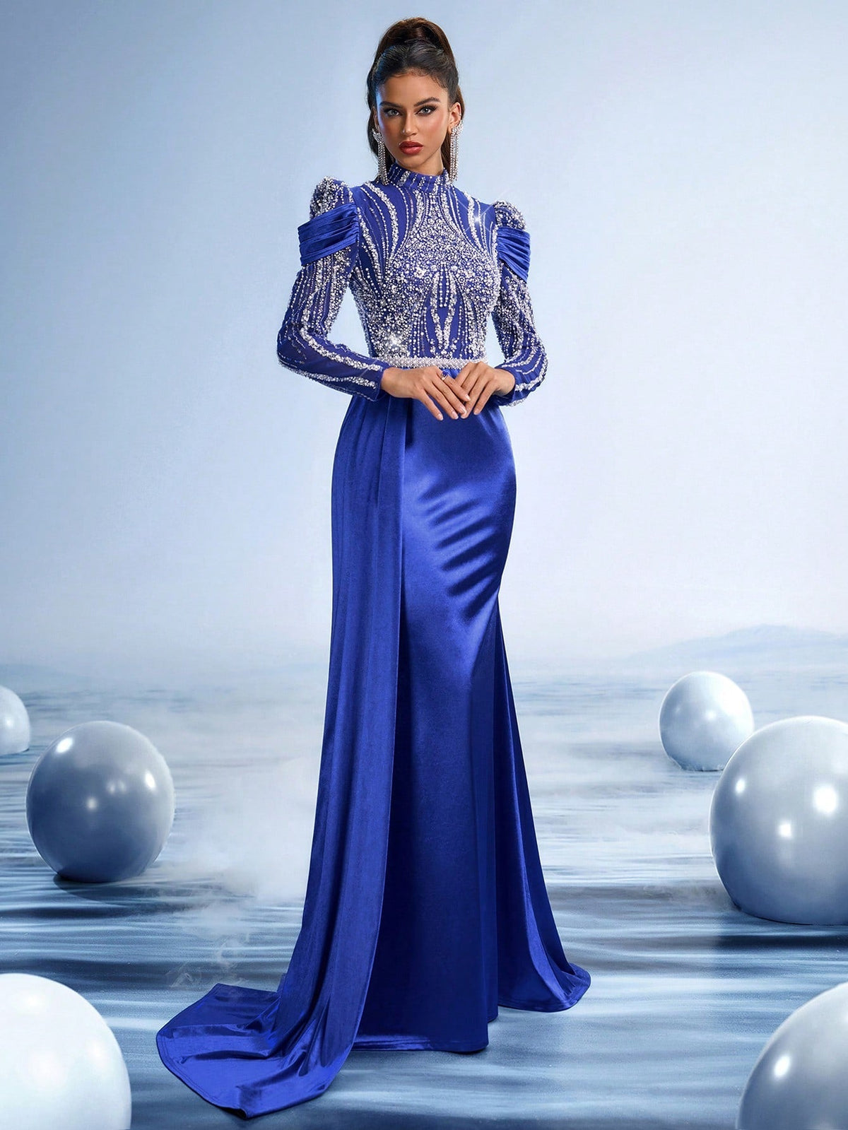 Crystal Embroidered Mermaid Gown with Puff Sleeves