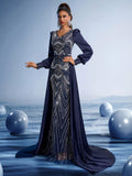 Midnight Blue Metallic Embroidered Mermaid Gown with Train