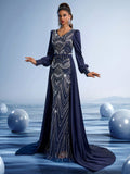Midnight Blue Metallic Embroidered Mermaid Gown with Train