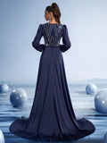 Midnight Blue Metallic Embroidered Mermaid Gown with Train