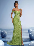 Lime Green Sequin Strapless Mermaid Gown with High Slit