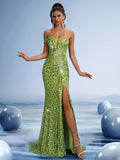 Lime Green Sequin Strapless Mermaid Gown with High Slit
