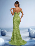 Lime Green Sequin Strapless Mermaid Gown with High Slit
