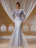 Grey Beaded Mermaid Gown with Puff Sleeves