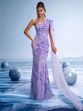 Lavender One-Shoulder Mermaid Gown with Sheer Cape