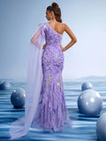 Lavender One-Shoulder Mermaid Gown with Sheer Cape