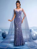 Navy Blue Sequin Mermaid Gown with Sheer Cape Sleeves