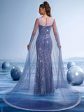 Navy Blue Sequin Mermaid Gown with Sheer Cape Sleeves