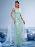 Mint Green Sequin Mermaid Gown with Sheer Cape Sleeves
