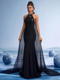 Black Halter Mermaid Gown with Sequin Cape Train
