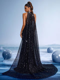 Black Halter Mermaid Gown with Sequin Cape Train