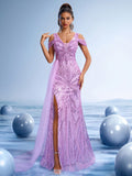 Lavender Sequin Off-Shoulder Mermaid Gown with Tulle Train