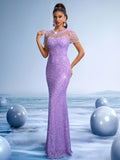 Lilac Sequin Mermaid Gown with Sheer High Neck