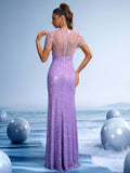 Lilac Sequin Mermaid Gown with Sheer High Neck