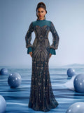 Teal Gold Sequin Mermaid Gown with Bell Sleeves