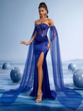 Off-Shoulder Satin Mermaid Gown with Beaded Bodice and Sheer Cape Sleeves