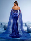 Off-Shoulder Satin Mermaid Gown with Beaded Bodice and Sheer Cape Sleeves