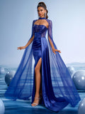 Royal Blue Satin Mermaid Gown with Sheer Cape Sleeves