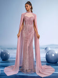 Blush Rose Sequin Mermaid Gown with Sheer Cape