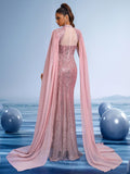 Blush Rose Sequin Mermaid Gown with Sheer Cape