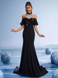 Black Beaded Halter Mermaid Evening Gown with Tulle Sleeves