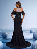 Black Beaded Halter Mermaid Evening Gown with Tulle Sleeves