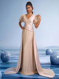 Champagne Beaded Mermaid Gown with Sheer Puff Sleeves