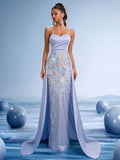 Lilac Floral Beaded Mermaid Gown with Cape Train