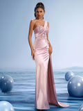One-Shoulder Satin Mermaid Gown with Floral Lace Beading and High Slit