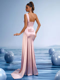 One-Shoulder Satin Mermaid Gown with Floral Lace Beading and High Slit