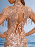 Rose Gold Sequin Mermaid Gown with Open Back
