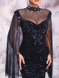 Sequin Mermaid Gown with Sheer Cape