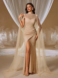 Champagne Gold Sequin Mermaid Gown with Sheer Cape