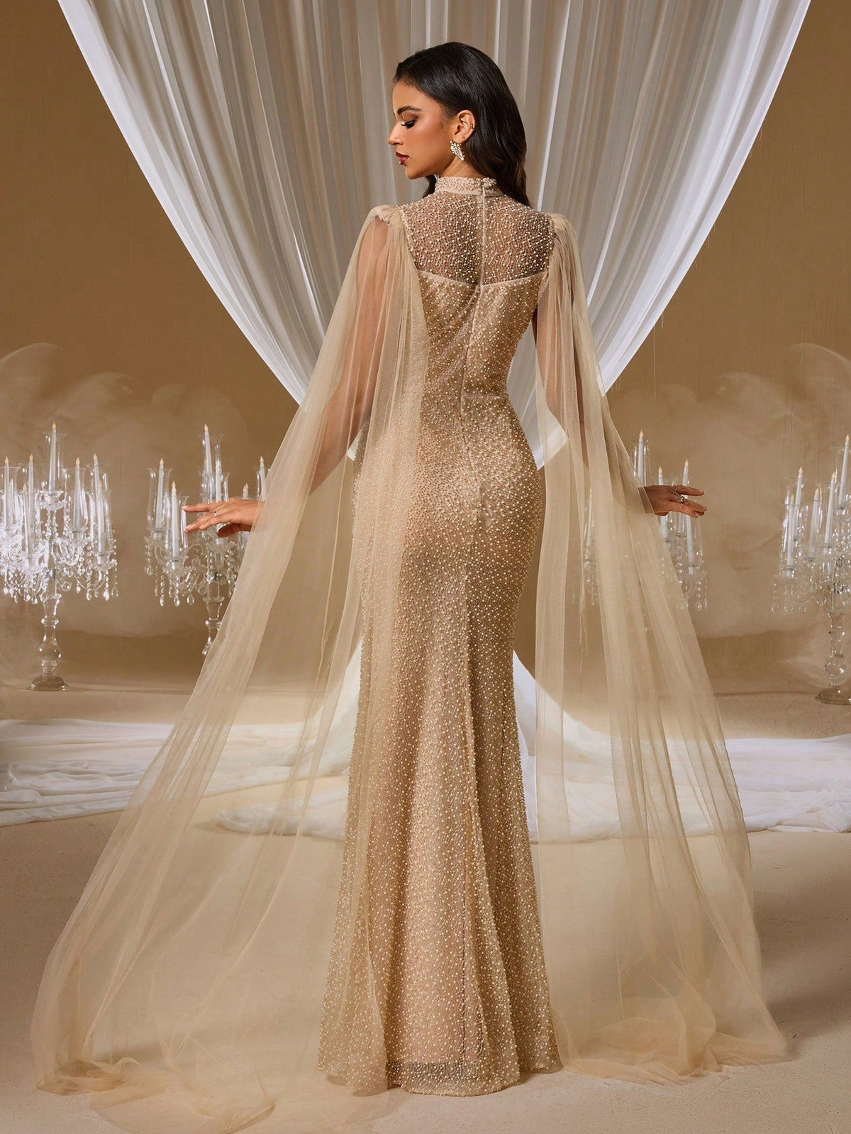 Champagne Gold Sequin Mermaid Gown with Sheer Cape