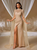 Champagne Gold Sequin Mermaid Gown with Sheer Cape