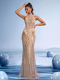 Gold Sequin Halter Mermaid Evening Gown