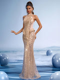 Gold Sequin Halter Mermaid Evening Gown