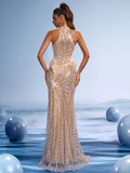 Gold Sequin Halter Mermaid Evening Gown