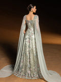 Luxury Floral Beaded Evening Gown with Sheer Cape Sleeves