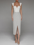 Spaghetti Strap Open-Back Bodycon Midi Dress with Mini Train