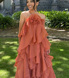 Halter Neck Layered Ruffle Dress with Tie-Back and Floral Detail