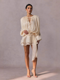 Fully Pleated Ruffled Mini Dress with Twist Design and Long Sleeves