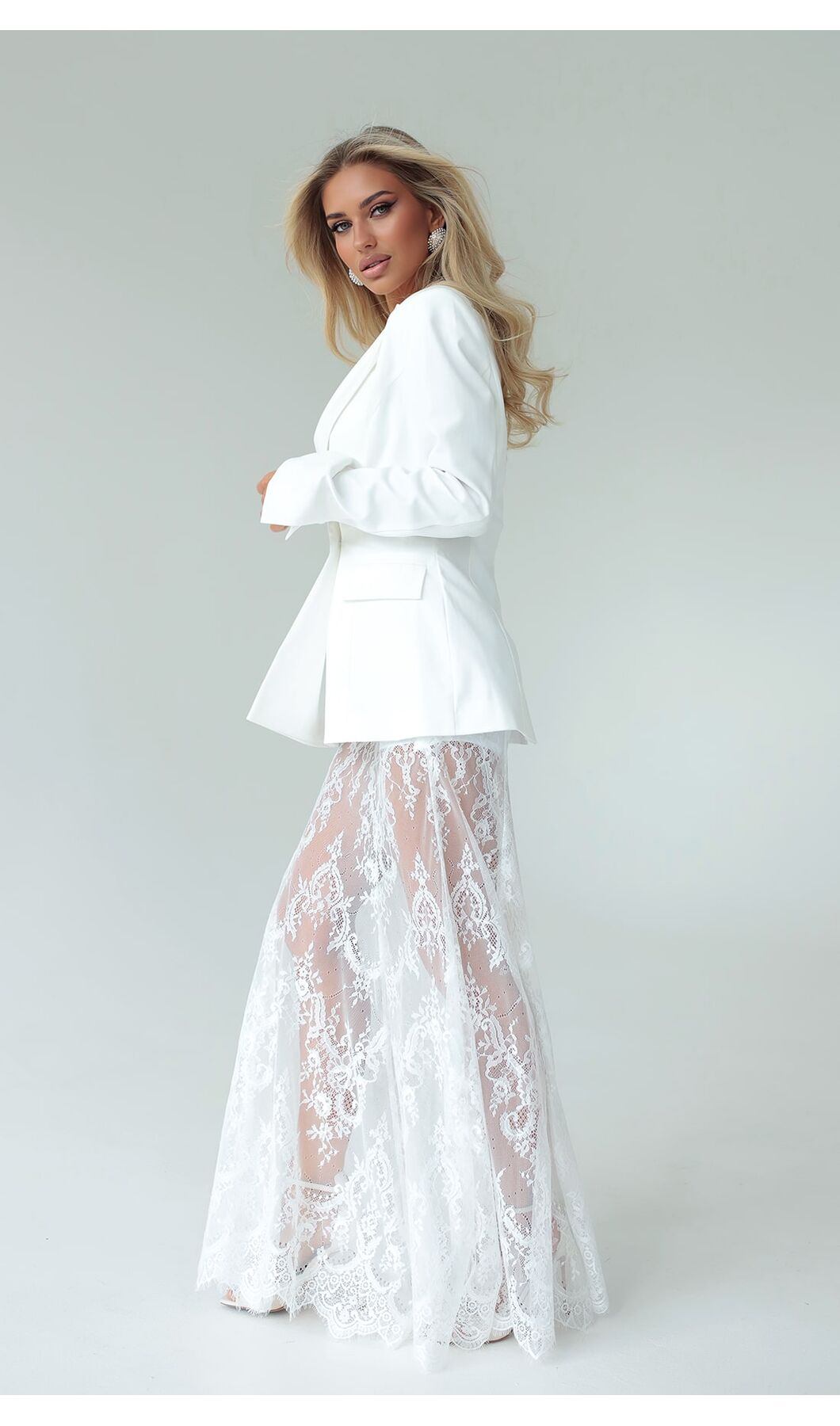 White Lace Patchwork Blazer & Sheer Pants Two-Piece Set