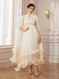White Cape-Sleeve Ruffle Midi Dress with Lace-Up Waist and 3D Floral Appliqués