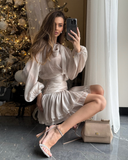 Tie-Front Top and High-Waist Ruched Skirt Two-Piece Set with Puff Sleeves