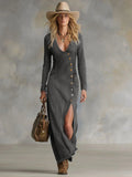 Long Sleeve V-Neck Button-Front Denim Maxi Dress